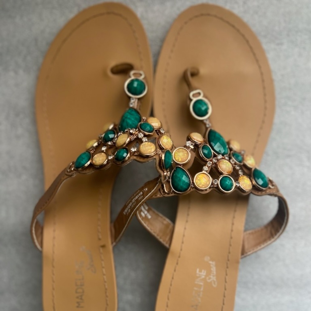Madeline Stuart "Casey" Green Rhinestone Sandals 1.5" Wedge Heel 10W